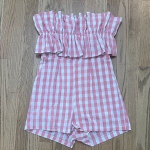 entro Pink and White Gingham Ruffle Strapless Romper